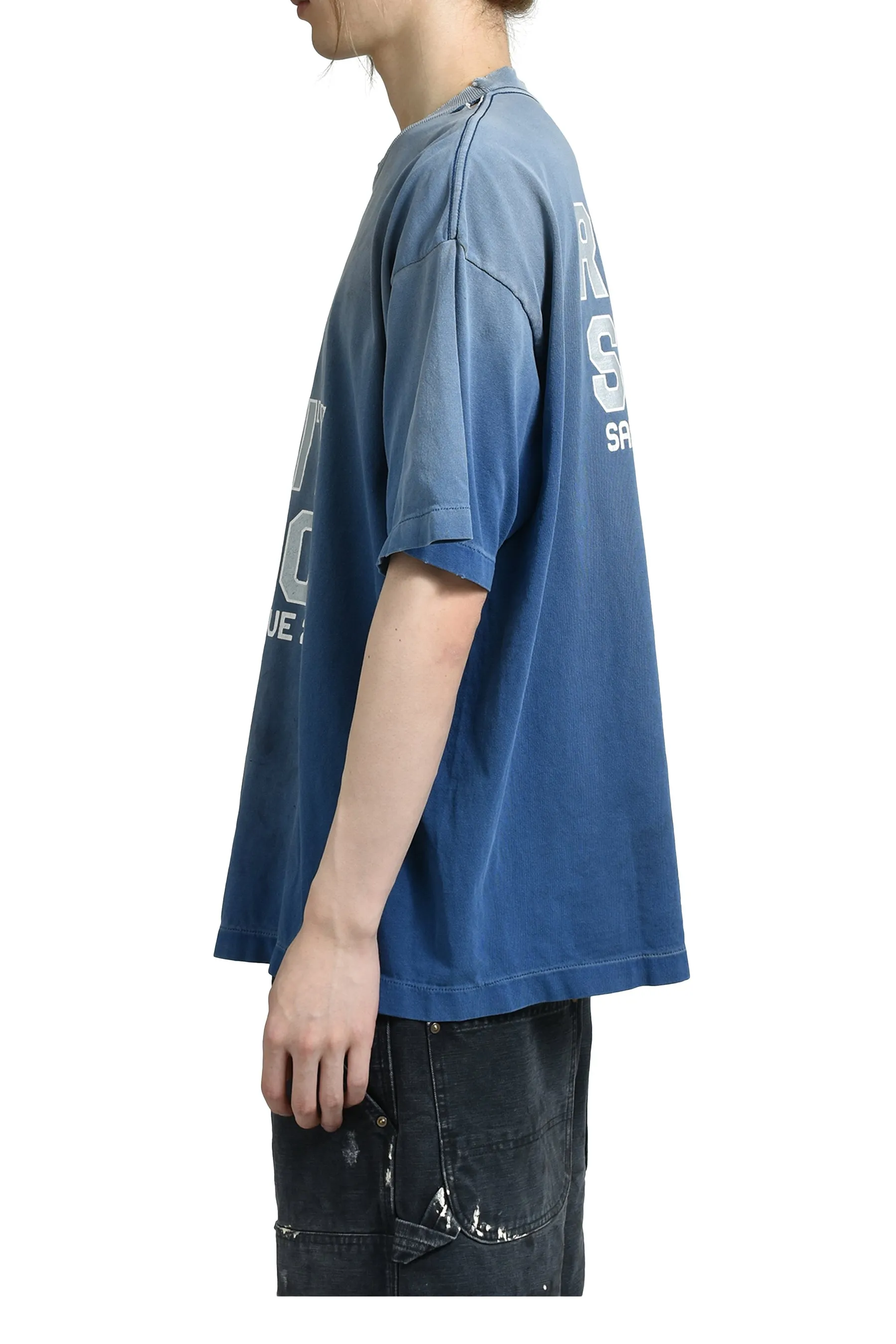 SAINT Mxxxxxx REALITY SCHOOL SS_TEE/NVY slogan distressed short-sleeves, washed blue S-XL, garment dyeing, horse fade, ultra-complex shearing and destruction treatment, correct version, cylindrical fabric, customized original consistent main mark/wash mark, original consistent silver powder printing, distressed treatment